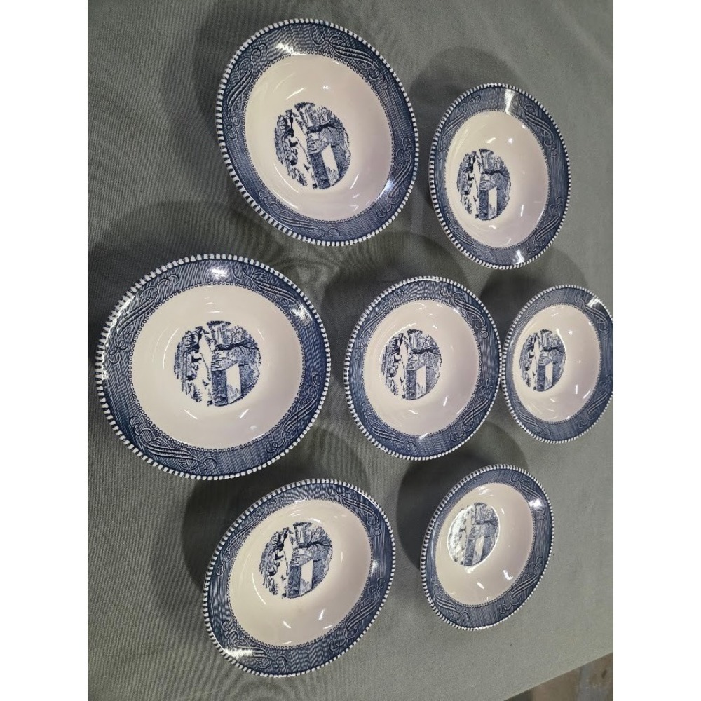 Vintage Currier & Ives Blue White Rimmed Soup Cereal Bowls Set of 6 Cabin Scene